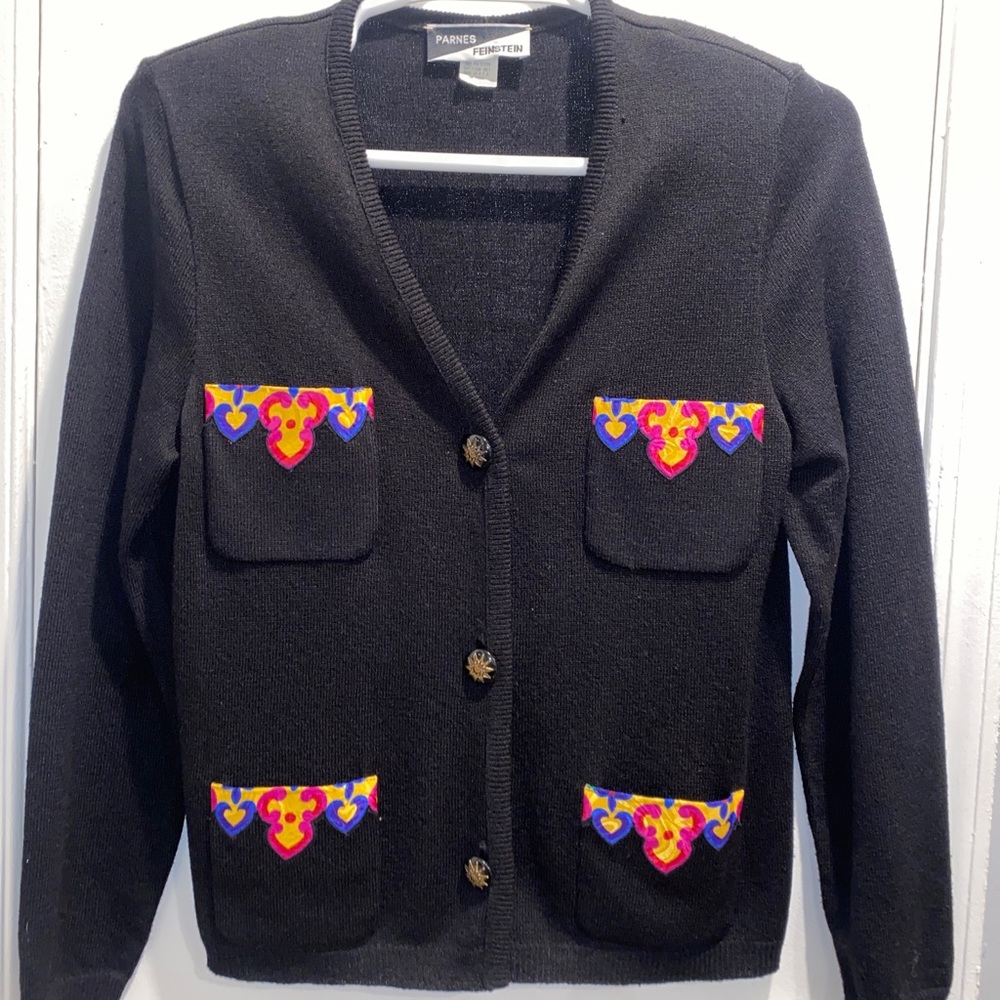 Vintage Parnes Feinstein Cardigan Sweater Size 10 Black Button Front Long Sleeve